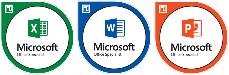 Certification icons for Microsoft Excel, Office, and Powerpoint